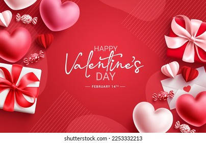 Valentine's day vector design. Happy valentine's day text with heart balloons, gift box and candy elements. Vector illustration valentine greeting card in red background. 