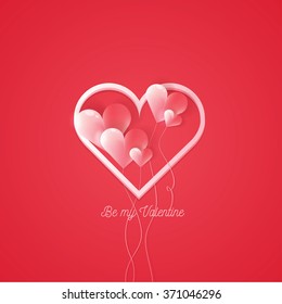 Valentine`s day vector design with red glowing heart shaped balloons in a heart shaped frame