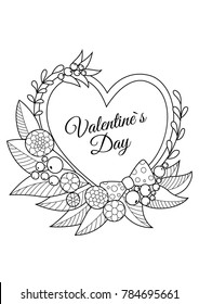 Valentine`s day vector doodle coloring book page heart with flowers, berries and leaf and inscription "Valentine`s Day" Anti-stress for adults.