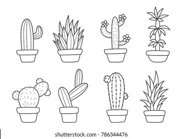 Valentine`s day vector doodle coloring book page cacti and other houseplants. Anti-stress for adults.