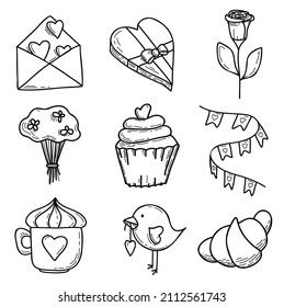 Ilustraciones del doodle vectorial del día de San Valentín. Conjunto de 9 iconos: caja de chocolates, taza de café, cruasán, garland, flores, quequitos, rosa, carta, pájaro aislado. Colores de libros de arte. Doodles. Postres.