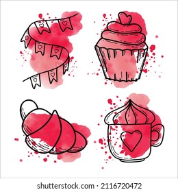 Ilustraciones del doodle vectorial del día de San Valentín. Conjunto de 4 iconos: taza de café, croissant, garland, bizcocho aislado. Doodles. Postres y decoración rosas y negras.