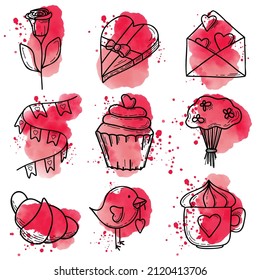 Valentine's day vector doodle illustrations. Set of 9 icons: box of chocolates, coffee cup, croissant, garland, flowers, cupcake, rose, letter, bird isolated. Doodles. Pink and black desserts.