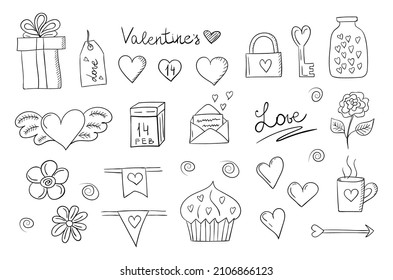 Valentines day vector doodle set. Black and white hand drawn elements for 14 February