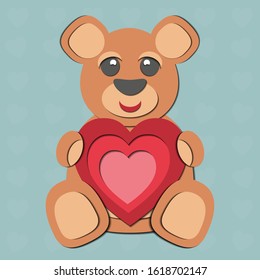 A Valentine's Day vector drawing of a cute paper cut out teddy bear holding a red heart in its paws. The animal is brown on a blue background.