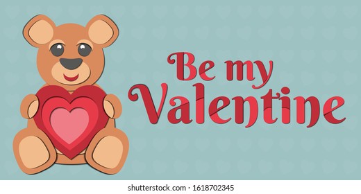 A Valentine's Day vector drawing of a cute paper cut out teddy bear holding a red heart in its paws. The animal is brown on a blue background. Includes “Be my valentine” caption (inscription).