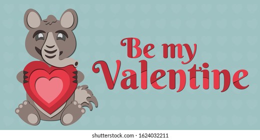 A Valentine's Day vector drawing of a cute paper cut out anteater holding a red heart in its paws. The animal is gray-brown on a blue background. Includes “Be my valentine” caption (inscription).
