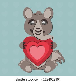 A Valentine's Day vector drawing of a cute paper cut out anteater holding a red heart in its paws. The animal is gray-brown on a blue background.