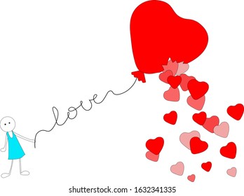 Valentine's day, vector drawing on a white background. Girl with a red heart balloon. 