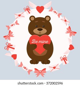 Valentine's day vector flat card. Cute teddy bear with a heart illustration. 