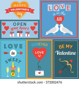 Valentine's day vector flat cards set. Cute love illustrations. 