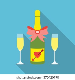 Valentine's day vector flat icon of a bottle of sparkling wine with glasses and a cute bow. Wedding ceremony