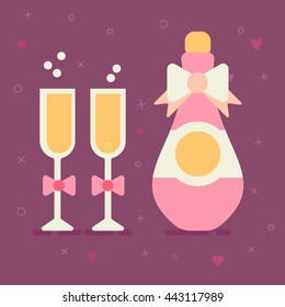 Valentine's day vector flat icon of a bottle of sparkling wine with glasses and a cute bow. Wedding ceremony. Flat trendy design. Trendy pastel colors. 