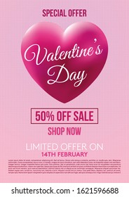 Valentines day vector flyer template in pink color with 3D heart. Special offer sale background