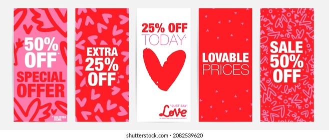 Valentines day vector flyer template set with 50% sale and discount special offers. Colourful backgrounds in red and pink with doodle hearts and love phrases for February holiday shop promotion.