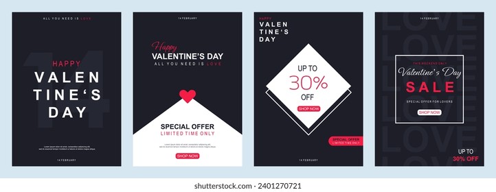 Plantilla de volante vectorial del día de San Valentín con ofertas especiales de venta y descuento del 30%.Ilustraciones vectoriales para banners y sitios web de medios sociales. 