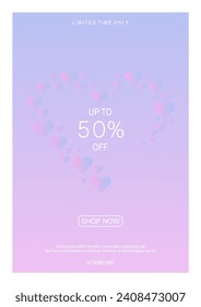 Plantilla de volante vectorial de San Valentín con 50% de venta y ofertas especiales de descuento. Ilustraciones vectoriales para tarjetas de felicitación, fondos, compras en línea, anuncios de venta, banners de redes web y sociales, marketing