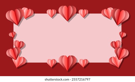 Valentine's day vector frame with heart shape in paper craft style. Suitable for poster, banner, web, presentation, invitation card, photo frame