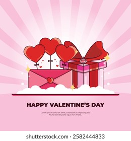 valentine's day vector with gift icon concept, heart balloons and letters. Valentine's Day. Can be used for greeting cards, posters and social media purposes