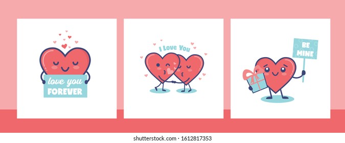 Valentines Day Vector Gift tag or Card set with cute hearts characters. valentine illustration