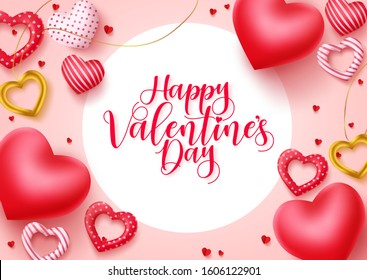 Valentines day vector greeting banner. Happy valentines day typography in white circle space for text with valentine elements like hearts and jewelry in pink background. Vector Illustration