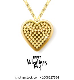 Valentines day vector greeting card. Gold necklace chain with gem heart pendant isolated on white background. Design for Valentines banner, poster, flyer, party invitation, jewelry gift shop.