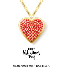 Valentines day vector greeting card. Gold necklace chain with red gem heart pendant isolated on white background. Design for Valentines banner, poster, flyer, party invitation, jewelry gift shop.