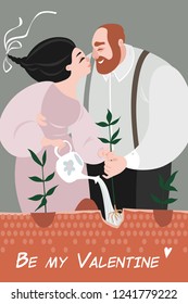 Valentine's day vector greeting card with a cute couple in vintage style planting plants. 