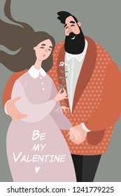 Valentine's day vector greeting card with a cute couple in cartoon style. The guy and the girl holding a flower.