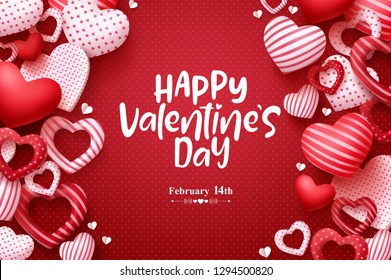 Valentines day vector greeting card. Happy valentines day text with hearts elements in red pattern background. Vector illustration.