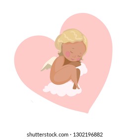 Valentine's day vector greeting card with angel on white background.
