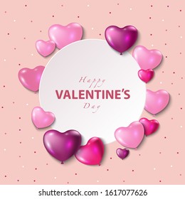 Valentines day, vector greeting card with pink helium balloons. White circle with text, pink background. Design for wedding, anniversary, party, banner, poster, postcard, invitation, brochure postcard