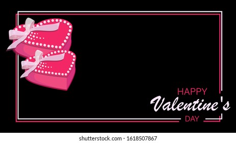 Valentine's day vector greeting card, background. Pair of hearts. Symbols of love, gifts. Poster, postcard, frame on a dark background. Vector illustration with place for text.