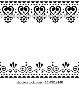 Valentine's Day vector greeting card design or wedding inviatation - Scandinavian traditional embroidery folk art style with flowers. Cute floral seamless ornament in black on white background