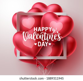 Diseño de tarjetas de felicitación vectorial de San Valentín. Feliz texto del día de San Valentín en marco blanco con un montón de elementos de globo de forma cardíaca flotando en fondo blanco. Ilustración del vector
