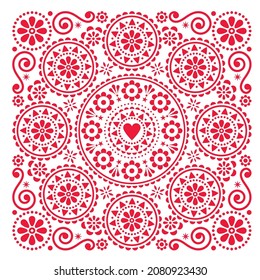 Valentine's Day vector greeting card or wedding invitation design - Scandinavian folk art style pattern with heart and flowers. Retro cute floral mandala in square, Nordic red ornament on white 