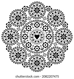 Valentine's Day vector greeting card or wedding invitation design - black Scandinavian folk art style pattern with heart and flowers. Retro cute floral mandala in square, Nordic monochrome ornament


