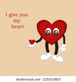 Valentine's day vector greeting card template cartoon flat heart with eyes, cute character in love holding red heart in hand
