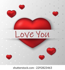 Valentine's Day vector greeting card. Square template, red realistic glossy hearts with lettering above, atlas ornate background. Best for polygraphy, print and web. EPS 10.