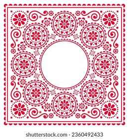 Valentine's Day vector greeting card or wedding invitation design with floral frame and space for text - Scandinavian folk art style pattern with heart and flowers. 
Retro cute floral mandala