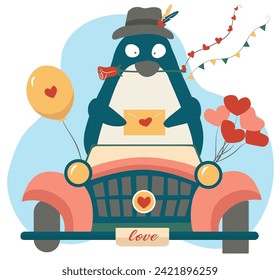 Valentine's Day vector greeting card with adorable kawaii penguin bird driving retro car with hearts, balloon and love symbols