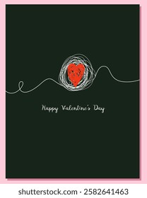 Valentine's Day vector greeting card with hand drawn red doodle heart with tangled line ball shape, template for love graphic designs