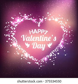 Valentines Day - vector greeting card with glitter hearts on shiny galaxy background. Vector Illustration