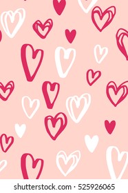 Valentine's Day vector greeting card. Hand written doodle hearts in pink and white colors on red isolated background. Cute pattern label design.