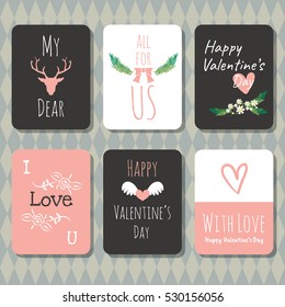 Valentine's day vector greeting card doodle style collection with diamond seamless background.