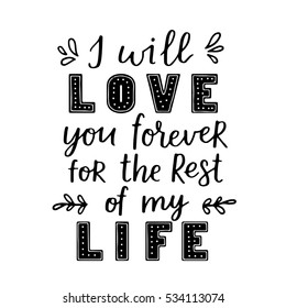 Valentines Day vector greeting card. Black and white colors for coloring book. Template for your design. Romantic cute illustration with hand written lettering.