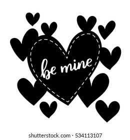 Valentines Day vector greeting card. Black and white colors for coloring book. Template for your design. Romantic cute illustration with hand written lettering.