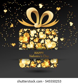 Tarjeta de felicitación vectorial del día de San Valentín. Caja de regalo con diamantes de corazón dorados en 3d, joyas, joyas, cinta de arco. Diseño para banner, invitación a fiesta, volante para tienda de regalos. Afiche de vacaciones doradas con joyas.