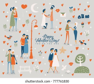 Valentine's Day vector greeting card with cute lovers. Girlfriend and boyfriend are in love. Hand drawn illustration in vintage style.