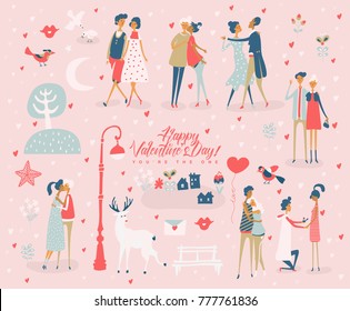 Valentine's Day vector greeting card with cute lovers. Girlfriend and boyfriend are in love. Hand drawn illustration in vintage style.